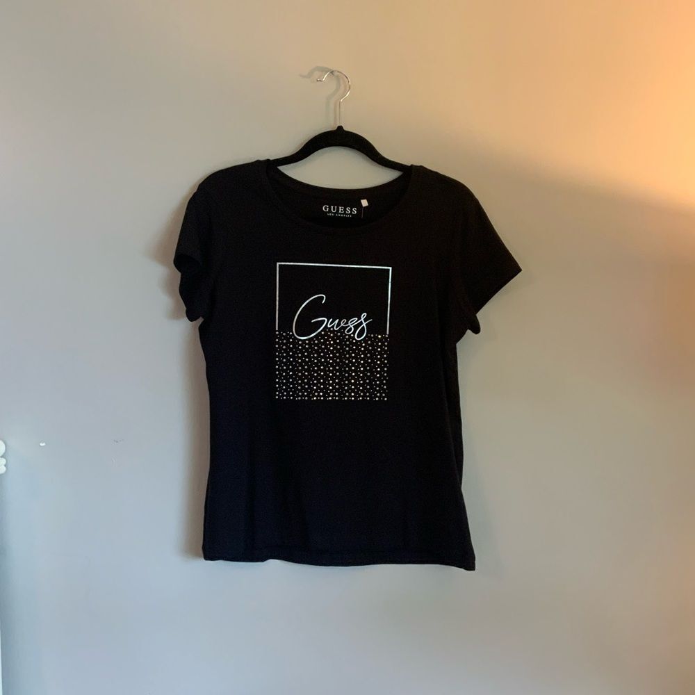 Guess Black Graphic Short Sleeve Crew neck Embellished NWT Tee Large - Picture 1 of 8